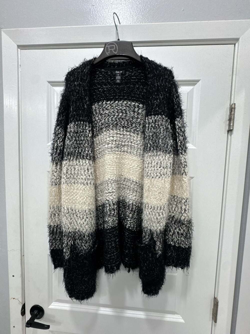 Style & Co Black Cream Striped Shaggy Open Cardigan Sweater
